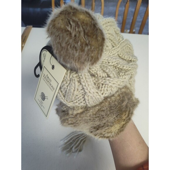 Aran Knit Winter Hat-44 Scotland Island Heritage Foundation Ties Pom Pom on Top - Picture 6 of 8